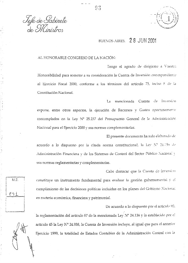Foja 1 del Mensaje Original elevado al Honorable Congreso de la Nacin